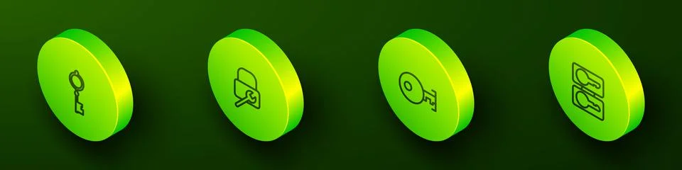Set Isometric line Old key, Lock repair, Key and Casting keys icon. Vector Stock Illustration