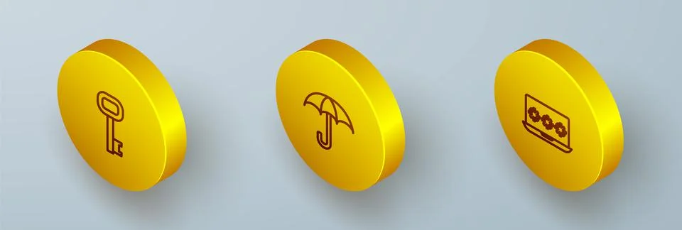 Set Isometric line Old key, Umbrella and Laptop with password icon. Vector Illustrazione stock