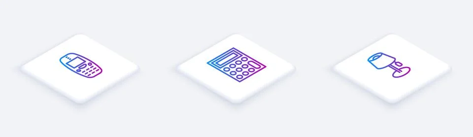 Set Isometric line Old mobile phone, Calculator and Floor lamp. White square Stock Illustration