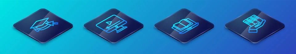 Set Isometric line Online class, Graduation cap with cursor, Book donation and Stock Illustration