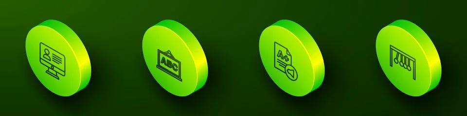 Set Isometric line Online class, Chalkboard, Exam sheet with A plus grade and Stock Illustration
