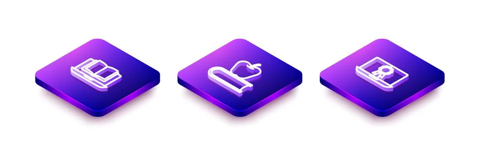 Set Isometric line Online class, Book with apple and education diploma icon Stock Illustration