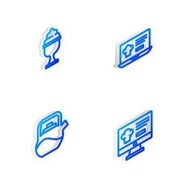 Set Isometric line Online ordering and delivery, Ice cream bowl, Kettle with  Stock-Illustration