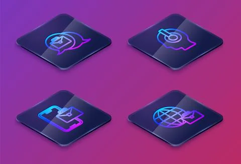 Set Isometric line Online working, Freelancer, and . Blue square button. Vector Illustrazione stock