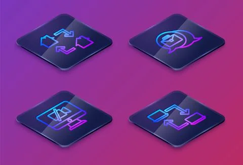 Set Isometric line Online working, Video camera Off on computer, and . Blue Stock Illustration