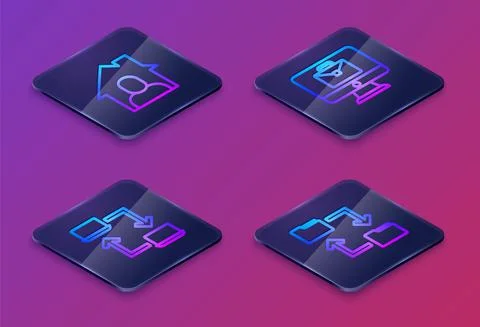 Set Isometric line Online working, , and Cloud storage document folder. Blue Stock Illustration