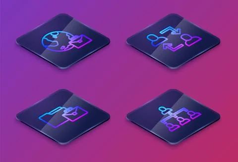 Set Isometric line Online working, , Project team base and Hierarchy organo.. Stock Illustration