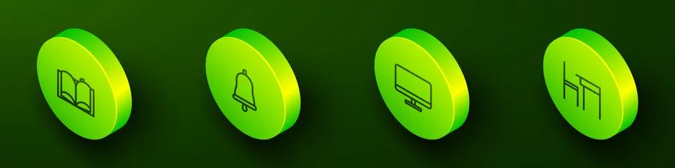 Set Isometric line Open book, Ringing bell, Computer monitor screen and School Stock Illustration