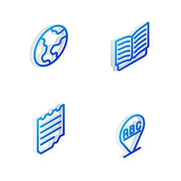 Set Isometric line Open book, Earth globe, Notebook and Alphabet icon. Vector Stock Illustration