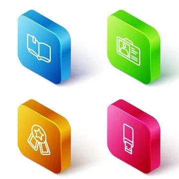 Set Isometric line Open book, Identification badge, Medal with star and USB.. Stock Illustration