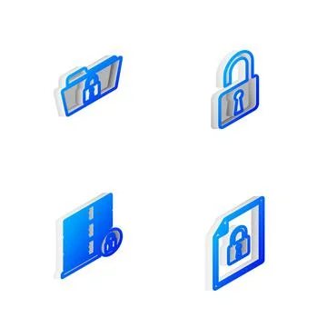 Set Isometric line Open padlock, Folder and, Server security with and Document Illustrazione stock