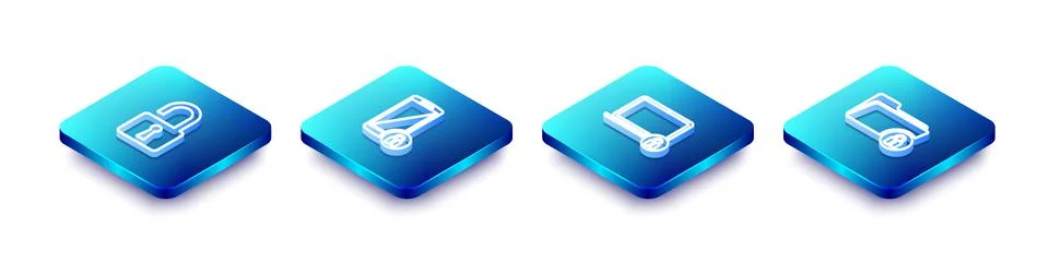Set Isometric line Open padlock, Smartphone with, Laptop and and Folder icon. Stock Illustration