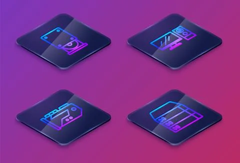 Set Isometric line Optical disc drive, Video graphic card, Computer monitor and Stock Illustration