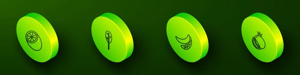 Set Isometric line Orange fruit, Spinach, Green peas and Tomato icon. Vector Stock Illustration