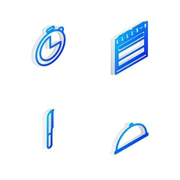 Set Isometric line Oven, Kitchen timer, Bread knife and Covered with tray ico 库存插图