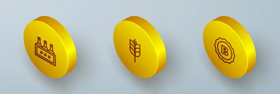 Set Isometric line Pack of beer bottles, Wheat and Bottle cap icon. Vector Stock Illustration