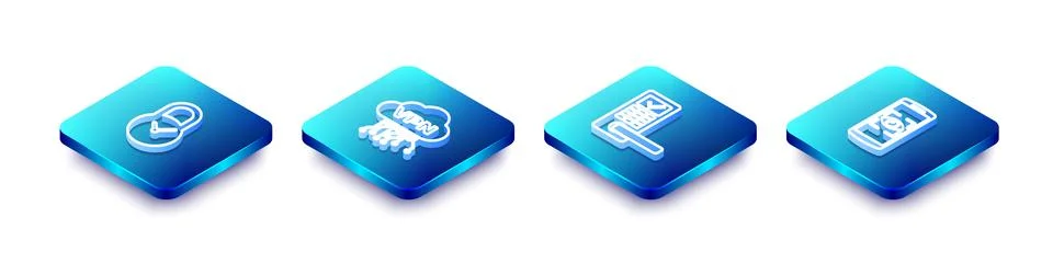 Set Isometric line Padlock with clock, Cloud VPN interface, Digital door Stock Illustration