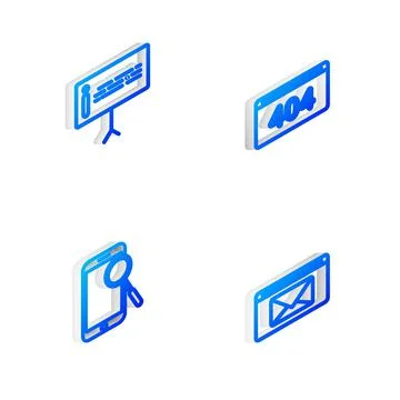 Set Isometric line Page with a 404 error, Information, Mobile phone diagnostics Stock Illustration