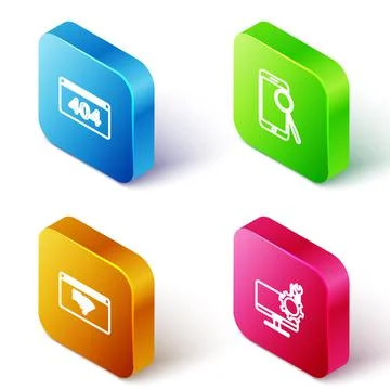 Set Isometric line Page with a 404 error, Mobile phone diagnostics, No Internet Stock Illustration