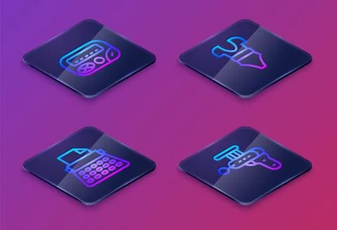 Set Isometric line Pager, Retro typewriter, Swimsuit and Ray gun. Blue squa.. Stock Illustration