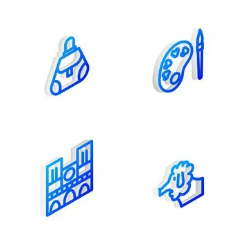 Set Isometric line Paint brush with palette, Handbag, Notre Dame and Poodle dog Stock Illustration