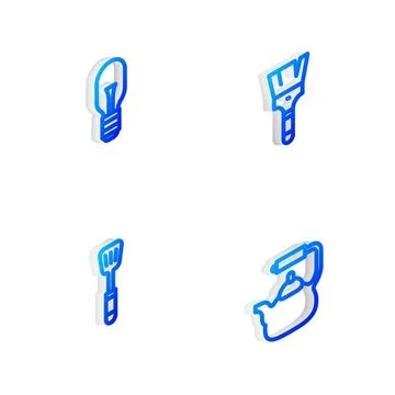 Set Isometric line Paint brush, Light bulb, Spatula and Kettle with handle .. Illustration