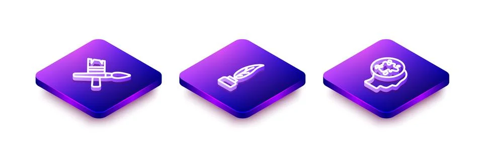 Set Isometric line Paint brush, Feather and inkwell and spray icon. Vector Stock Illustration