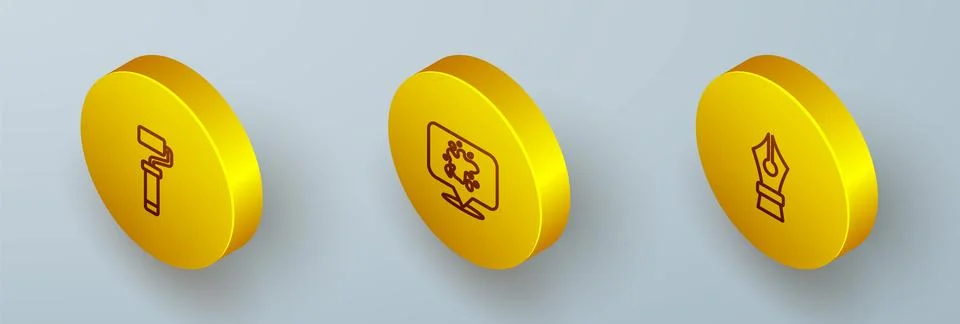 Set Isometric line Paint roller brush, spray and Fountain pen nib icon. Vecto Illustrazione stock
