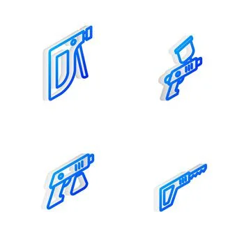 Set Isometric line Paint spray gun, Construction stapler, and Reciprocating saw Stock Illustration