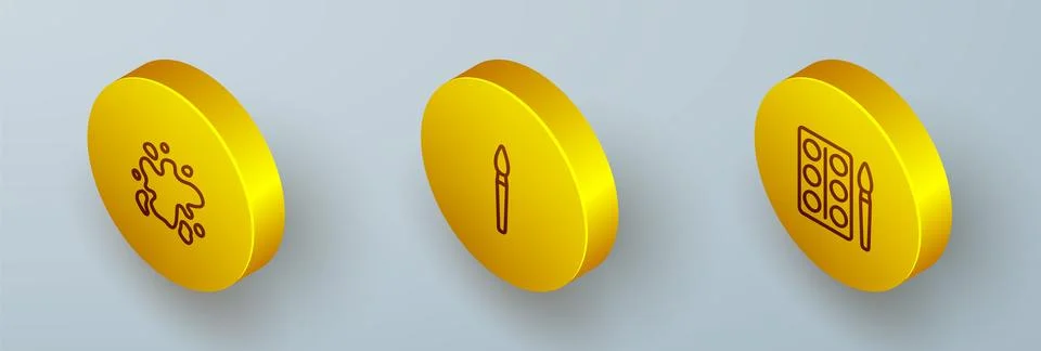 Set Isometric line Paint spray, brush and Watercolor paints box icon. Vector Stock Illustration