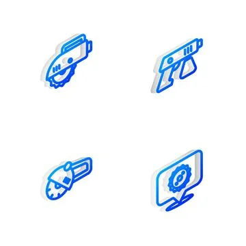 Set Isometric line Paint spray gun, Electric circular saw, Angle grinder an.. Stock Illustration