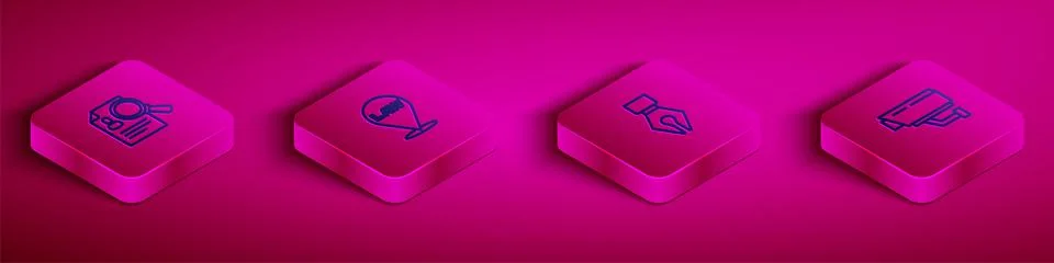 Set Isometric line Paper analysis magnifying, Location law, Fountain pen nib and Stock Illustration