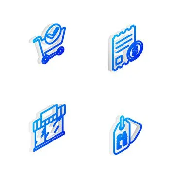 Set Isometric line Paper check and financial check, Shopping cart with mark Ilustración de archivo