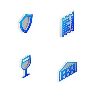 Set Isometric line Paper or financial check, Shield, Wine glass and Warehouse Ilustración de archivo