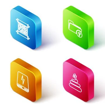 Set Isometric line Paper scroll, Download arrow with folder, Power bank and Shit Illustrazione stock