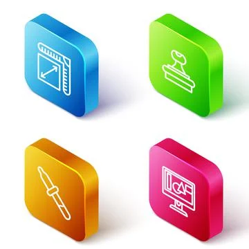Set Isometric line Paper size, Stamp, Pipette and Computer monitor screen icon 스톡 일러스트