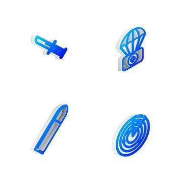 Set Isometric line Parachute with first aid kit, Military knife, Bullet and Stock Illustration