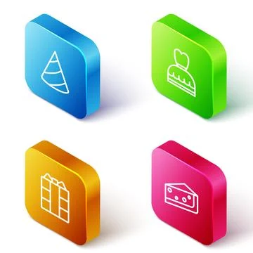 Set Isometric line Party hat, Woman dress, Gift box and Piece of cake icon... Illustrazione stock