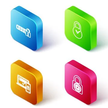 Set Isometric line Password protection, Padlock with clock, Two steps Stock Illustration