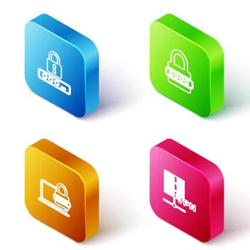 Set Isometric line Password protection, , Laptop with password and Server VPN Stock Illustration
