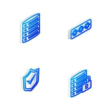 Set Isometric line Password protection, Server, Data, Web Hosting, Shield with Stock Illustration