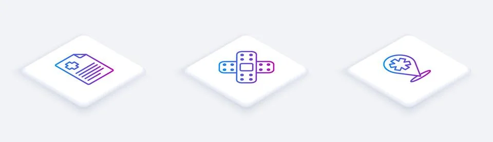 Set Isometric line Patient record, Crossed bandage plaster and Location hos.. Stock Illustration