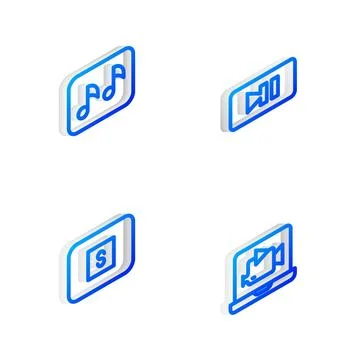 Set Isometric line Pause button, Music note, tone, Stop media and Online play Illustrazione stock