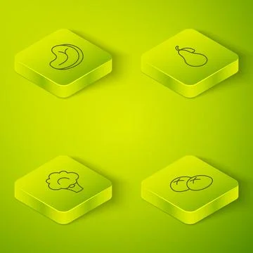 Set Isometric line Pear, Broccoli, Bread loaf and Steak meat icon. Vector Stock Illustration