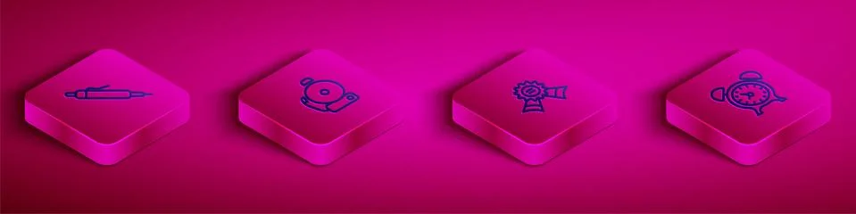 Set Isometric line Pen, Ringing alarm bell, Medal and Alarm clock icon. Vector Stock Illustration