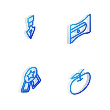 Set Isometric line Pencil sharpener, Fountain nib, Medal with star and Apple Illustrazione stock