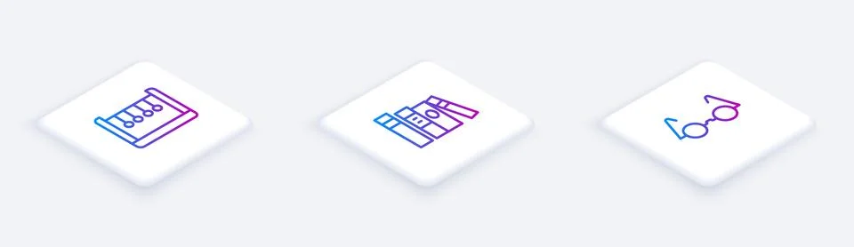 Set Isometric line Pendulum, Book and Eyeglasses. White square button. Vector Stock Illustration