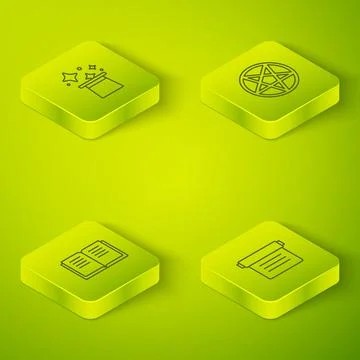 Set Isometric line Pentagram in a circle, Ancient magic book, and Magic hat icon Ilustração Stock