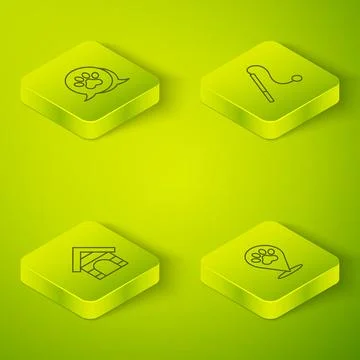 Set Isometric line Pet cat toy, Dog house, Location veterinary hospital and Paw Stock Illustration