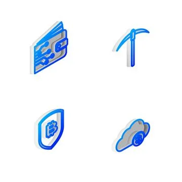 Set Isometric line Pickaxe, Cryptocurrency wallet, Shield with bitcoin and cl Stock Illustration